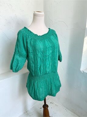 Bebe Emerald Green Peasant Blouse | Boho Cottagecore Top | Off Shoulder Smocked